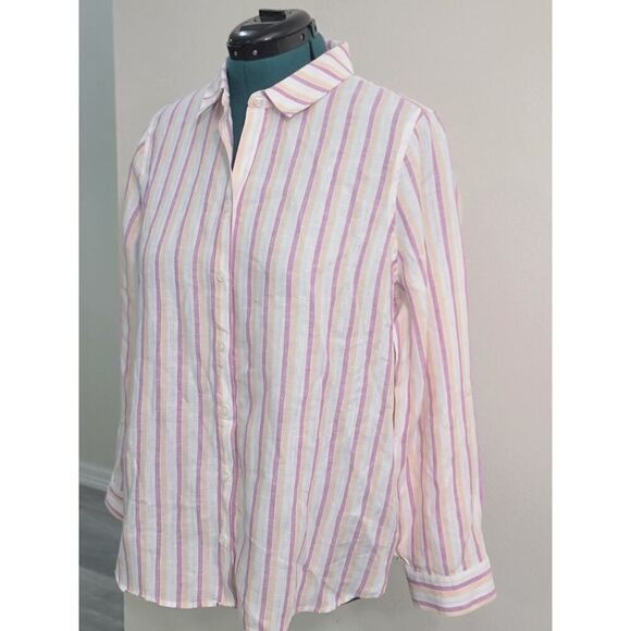 Chico's NO-IRON Linen Metallic Striped Roll-Tab Button Down Shirt Linen 12/14 - Picture 6 of 12